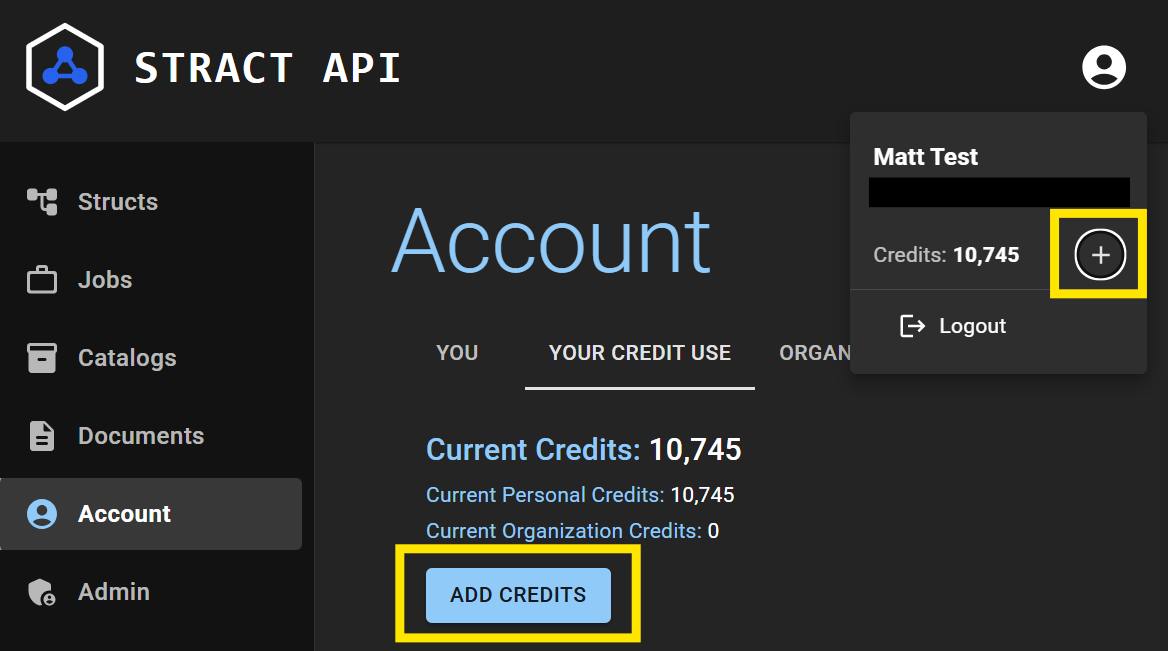 View of the Account page, with highlights around the + button and Add Credits button
