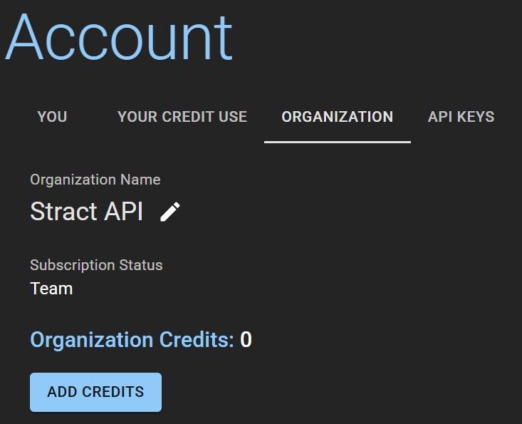 View of the Organization tab on the Account page, showing where the organization's Add Credits button is