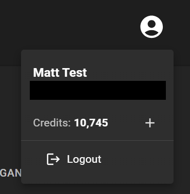 Top right menu opened, showing user name and number of credits