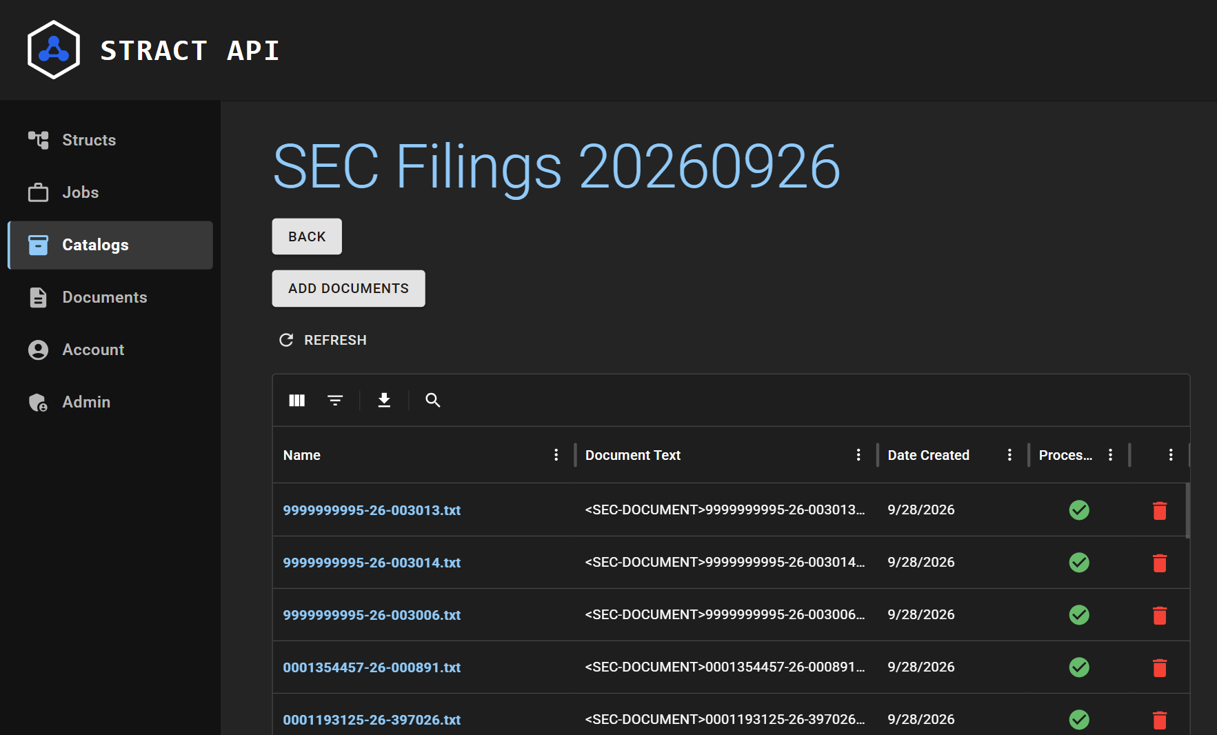 The Document list view of the new SEC Filings catalog, with a number of documents already uploaded and shown in the table.