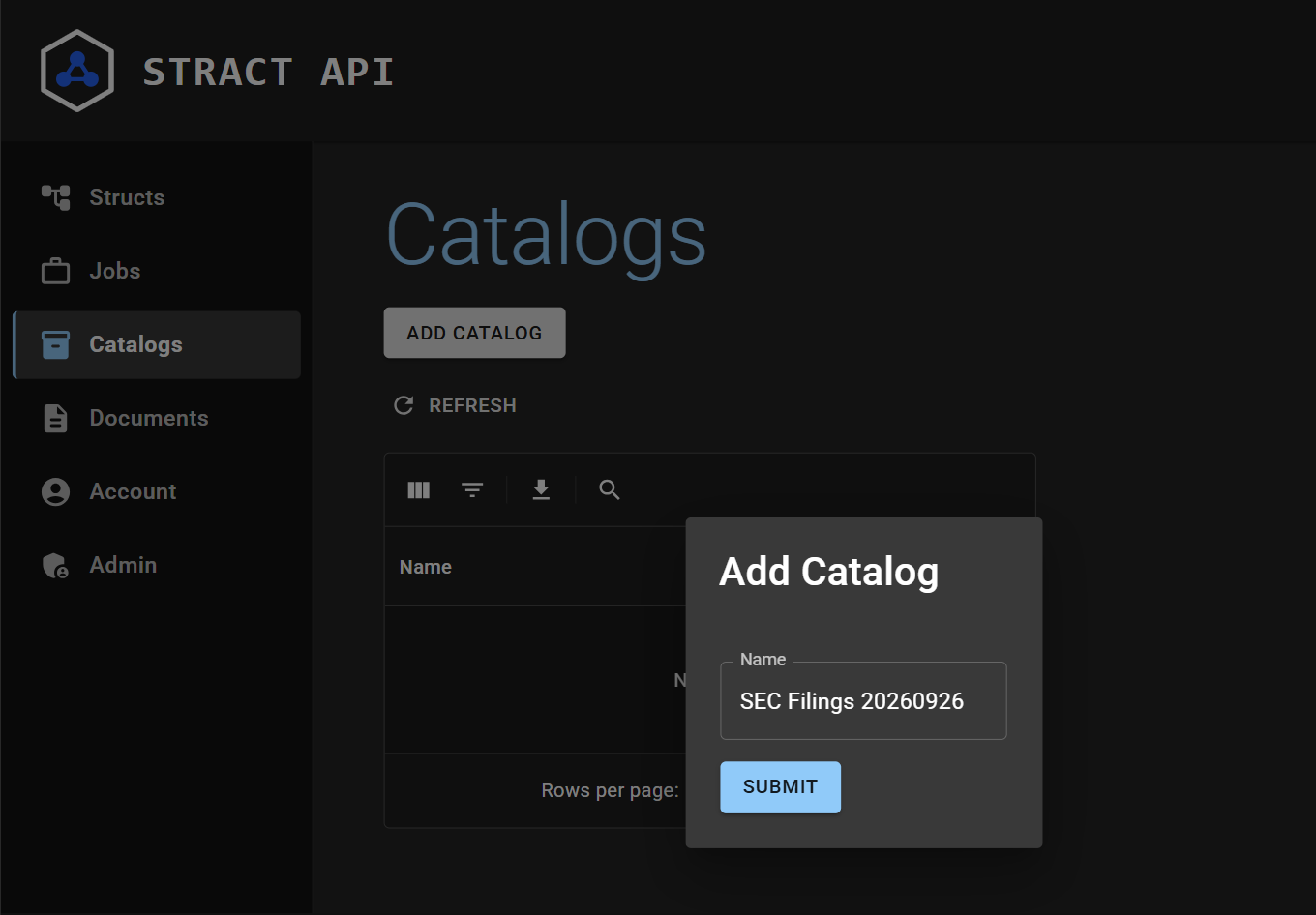 The Catalog list view, with dialog box open to add new Catalog with name SEC Filings 20260926