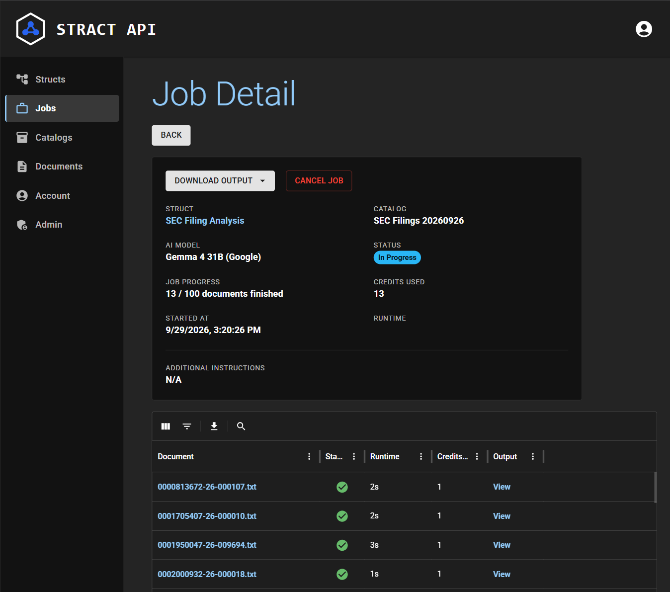 The Job Detail view, showing current job progress and status