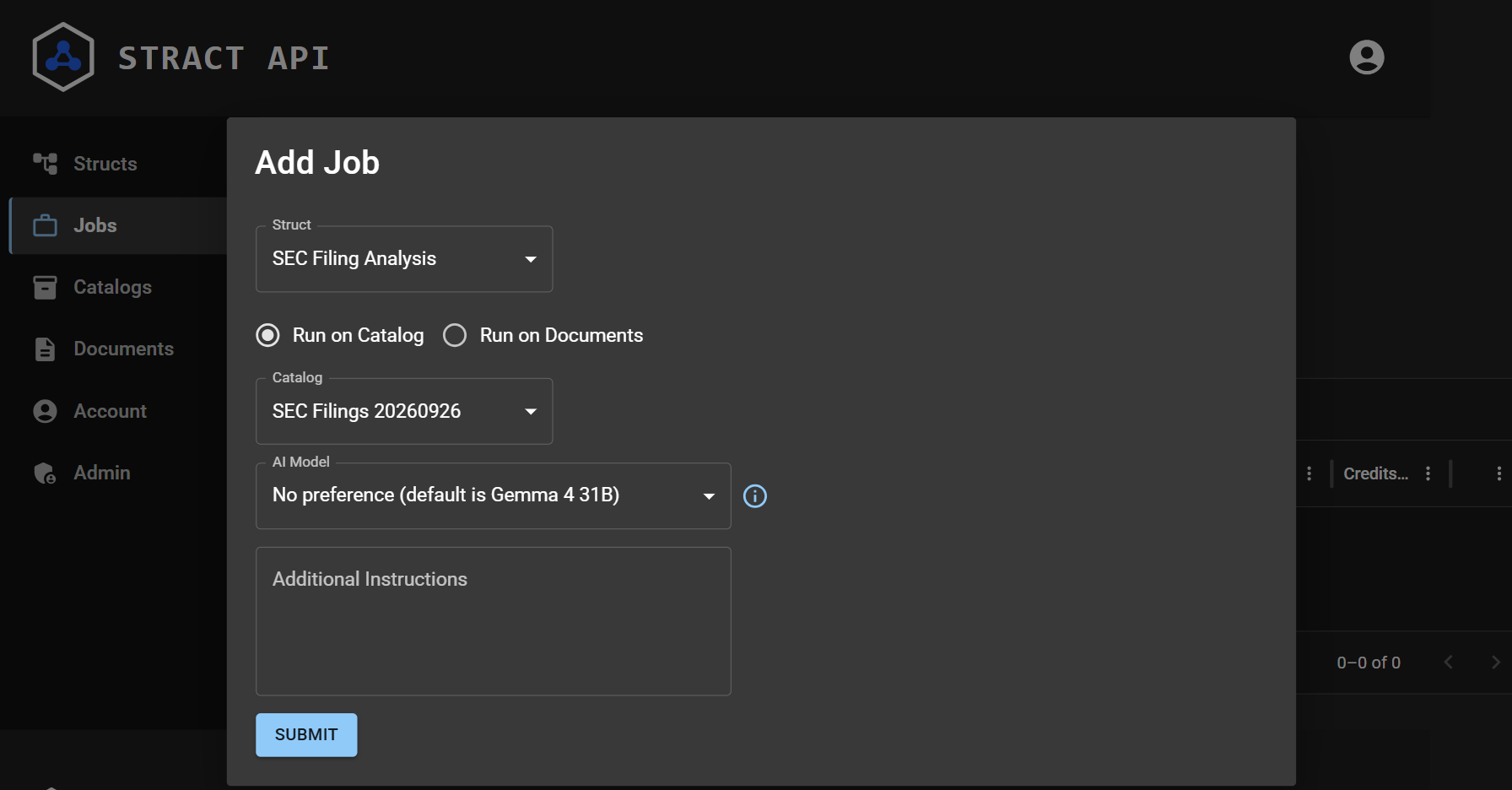 The Job list view, with dialog box open to add new job with the new struct and catalog we just created