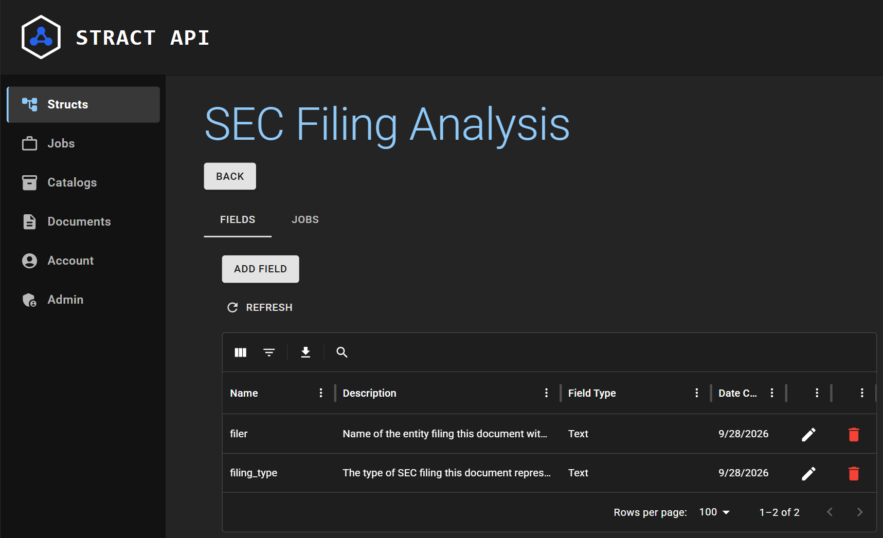 The Field list view for the newly added struct, with fields filer and filing_type already added.