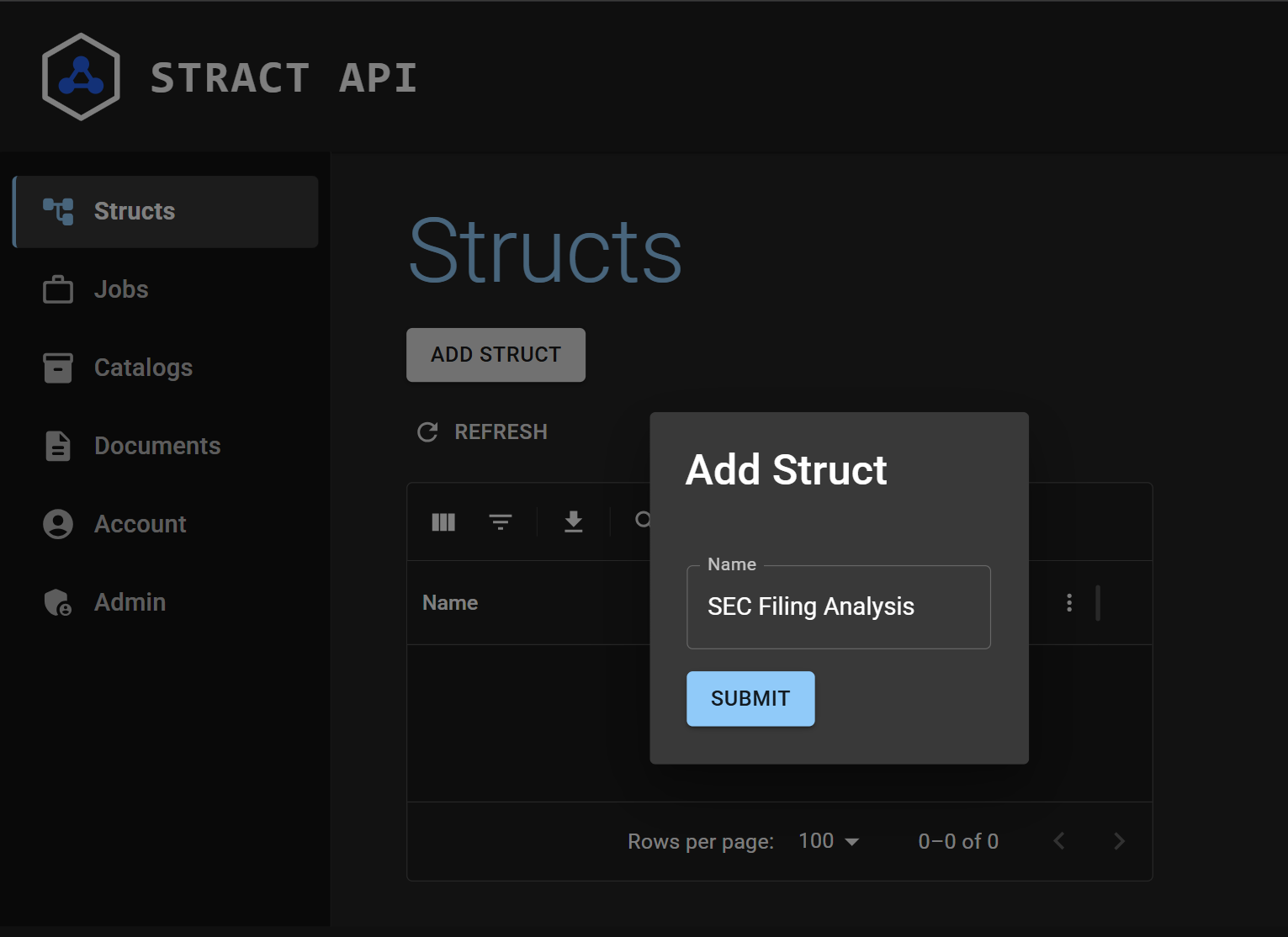 The Struct list view, with dialog box open to add new Struct with name SEC Filing Analysis