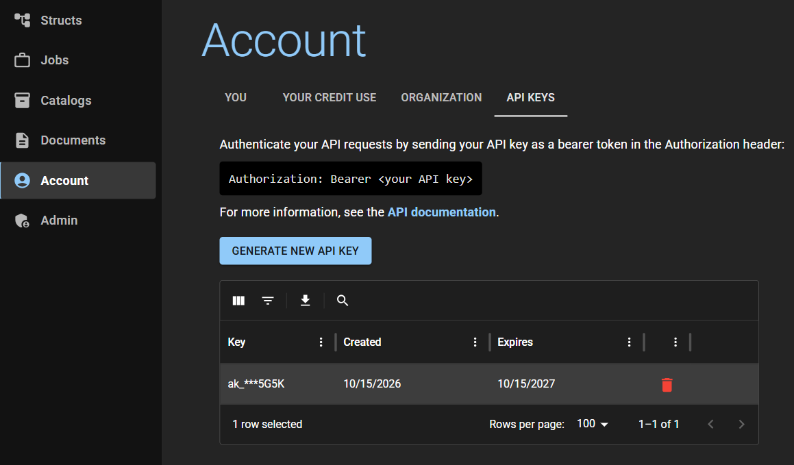 The API Key tab on the Account page, where you can generate a new API key